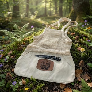 Organic Cotton Mesh Foraging Bag - Mushroom Hunting Tote with Pocket Knife & Leather Patch (13x14”)