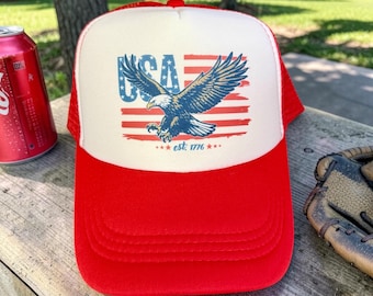 Cappellino da camionista patriottico USA Eagle - Berretto snapback in rete rosso e bianco - Cappello con bandiera americana per il 4 luglio