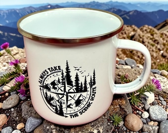 Always Take The Scenic Route | 12oz Enamel Camping Mug | Mountain Compass Adventure Hiking Gift