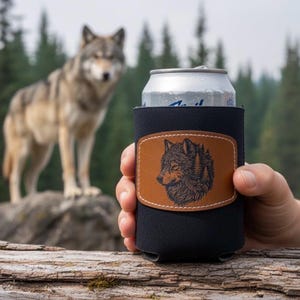 Könnte beinhalten: Schwarzer Neopren-Dosenkühler mit einem braunen Lederaufnäher mit einem detaillierten Wolfskopf-Design. Der Kühler wird vor einem verschwommenen Hintergrund mit einem Wolf auf einem Felsen und einem Wald gehalten.