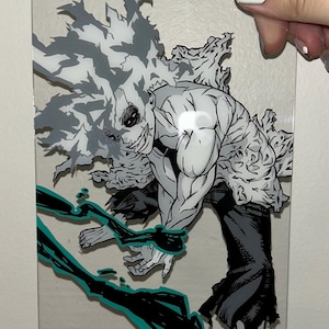 May include: A clear acrylic panel featuring a detailed illustration of a muscular anime character with gray hair and a menacing expression. The artwork uses shades of gray, black, and teal, with dynamic lines and shading to create a sense of movement.