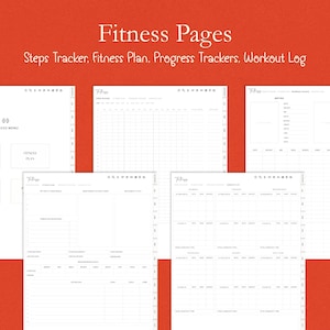 Op de afbeelding: Een verzameling witte fitnesspagina's met de tekst "Fitness Pages" en "Steps Tracker, Fitness Plan, Progress Trackers, Workout Log." De pagina's bevatten een fitnessmenu, stappenteller, fitnessplan en workoutlogboek.
