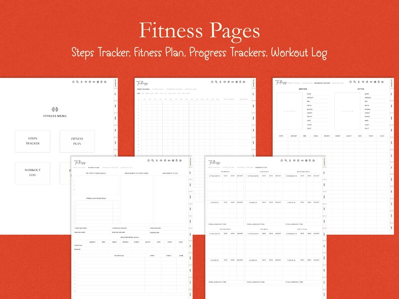 Op de afbeelding: Een verzameling witte fitnesspagina's met de tekst "Fitness Pages" en "Steps Tracker, Fitness Plan, Progress Trackers, Workout Log." De pagina's bevatten een fitnessmenu, stappenteller, fitnessplan en workoutlogboek.
