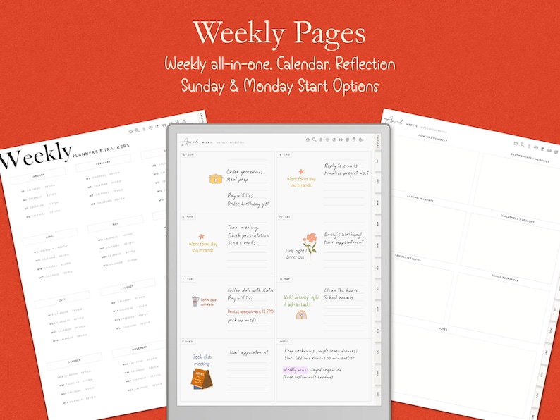 Op de afbeelding: Digitale planner met de tekst "Weekly Pages" en "Weekly all-in-one. Calendar. Reflection. Sunday & Monday Start Options." De planner toont kalenderpagina's met handgeschreven notities en trackers.