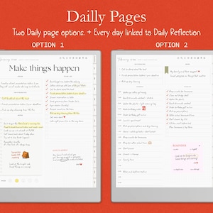 Op de afbeelding: Twee digitale planneropties worden weergegeven op een tabletscherm tegen een rode achtergrond. De tekst "Dailly Pages" en "Make things happen" zijn zichtbaar. Optie 1 en 2 tonen dagelijkse takenlijsten en notities.