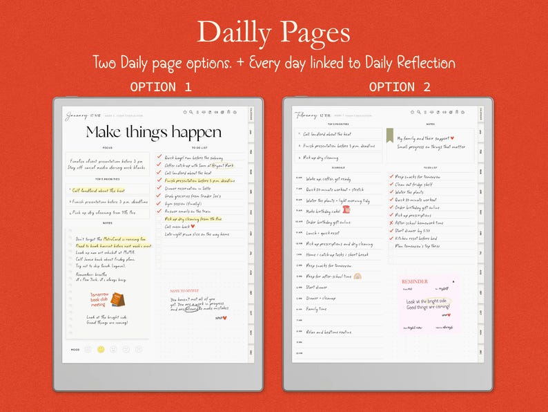 Op de afbeelding: Twee digitale planneropties worden weergegeven op een tabletscherm tegen een rode achtergrond. De tekst "Dailly Pages" en "Make things happen" zijn zichtbaar. Optie 1 en 2 tonen dagelijkse takenlijsten en notities.