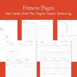 K&ouml;nnte beinhalten: Eine Sammlung wei&szlig;er Fitnessplaner-Seiten vor rotem Hintergrund. Die Seiten enthalten Abschnitte f&uuml;r einen Schrittz&auml;hler, einen Fitnessplan, Fortschrittsverfolgungen und ein Trainingstagebuch. Der Text "Fitness Pages" steht oben.