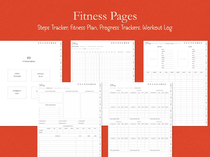 K&ouml;nnte beinhalten: Eine Sammlung wei&szlig;er Fitnessplaner-Seiten vor rotem Hintergrund. Die Seiten enthalten Abschnitte f&uuml;r einen Schrittz&auml;hler, einen Fitnessplan, Fortschrittsverfolgungen und ein Trainingstagebuch. Der Text "Fitness Pages" steht oben.
