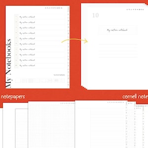 Op de afbeelding: Witte notitieboekpagina's met de tekst "My Notebooks" en "My custom notebook". De afbeelding toont gewone en Cornell notitiepapieren. De achtergrond is oranje.