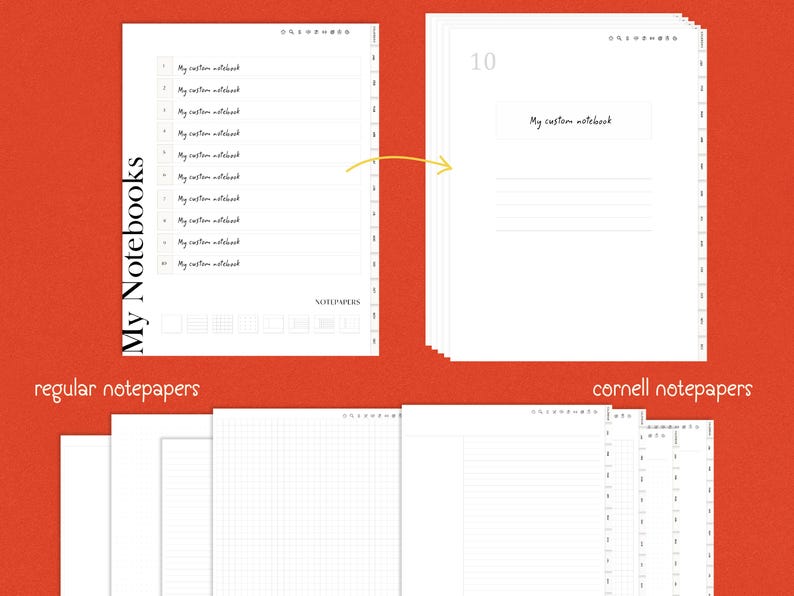 Op de afbeelding: Witte notitieboekpagina's met de tekst "My Notebooks" en "My custom notebook". De afbeelding toont gewone en Cornell notitiepapieren. De achtergrond is oranje.
