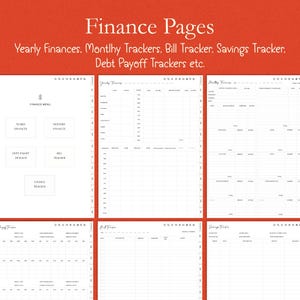 Op de afbeelding: Witte financi&euml;le pagina's met de tekst "Finance Pages" en "Yearly Finances, Monthly Trackers, Bill Tracker, Savings Tracker, Debt Payoff Trackers etc." op een rode achtergrond. De pagina's bevatten sjablonen voor financi&euml;le tracking.