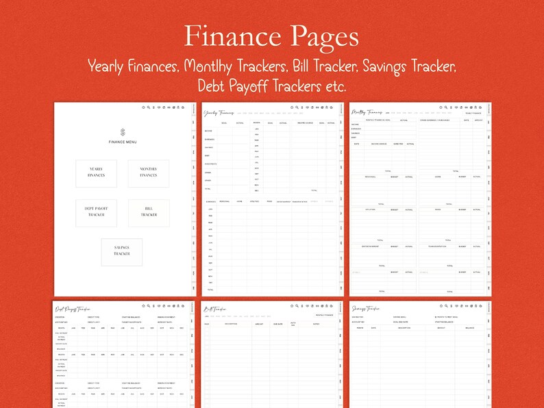 Op de afbeelding: Witte financi&euml;le pagina's met de tekst "Finance Pages" en "Yearly Finances, Monthly Trackers, Bill Tracker, Savings Tracker, Debt Payoff Trackers etc." op een rode achtergrond. De pagina's bevatten sjablonen voor financi&euml;le tracking.