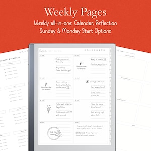 K&ouml;nnte beinhalten: Ein digitaler Planer mit Wochenseiten, die Abschnitte f&uuml;r Notizen und Aufgaben zeigen. Der Text "Weekly Pages" und "Weekly all-in-one. Calendar. Reflection Sunday & Monday Start Options" ist sichtbar. Der Hintergrund ist rot.