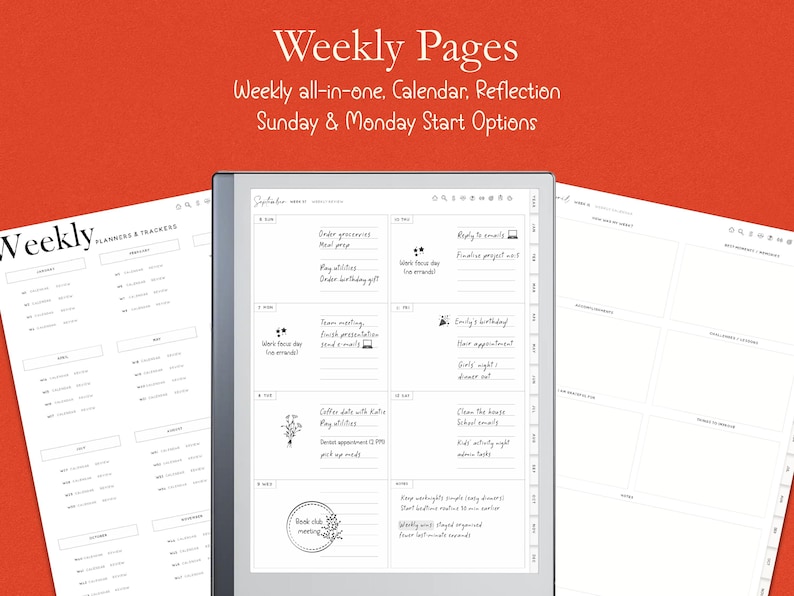 K&ouml;nnte beinhalten: Ein digitaler Planer mit Wochenseiten, die Abschnitte f&uuml;r Notizen und Aufgaben zeigen. Der Text "Weekly Pages" und "Weekly all-in-one. Calendar. Reflection Sunday & Monday Start Options" ist sichtbar. Der Hintergrund ist rot.
