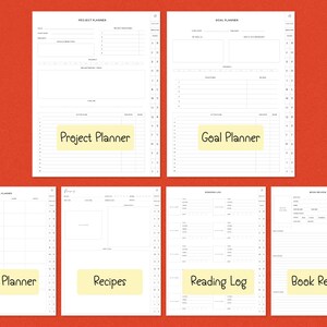 K&ouml;nnte beinhalten: Eine Sammlung wei&szlig;er Planerseiten mit verschiedenen Layouts f&uuml;r Projektplanung, Zielsetzung, Essensplanung, Rezepte, Leseprotokolle und Buchbesprechungen. Jede Seite hat ein gelbes Etikett, das ihren Zweck angibt. Die Seiten sind auf einem orangefarbenen Hintergrund angeordnet.