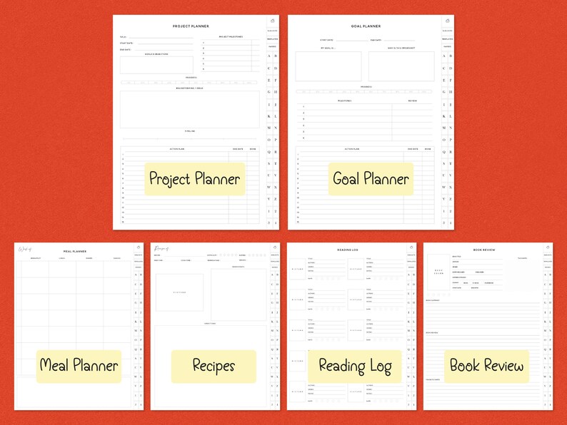 K&ouml;nnte beinhalten: Eine Sammlung wei&szlig;er Planerseiten mit verschiedenen Layouts f&uuml;r Projektplanung, Zielsetzung, Essensplanung, Rezepte, Leseprotokolle und Buchbesprechungen. Jede Seite hat ein gelbes Etikett, das ihren Zweck angibt. Die Seiten sind auf einem orangefarbenen Hintergrund angeordnet.