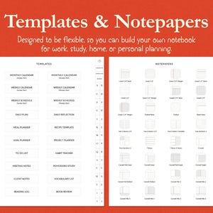 K&ouml;nnte beinhalten: Digitale Planervorlagen mit verschiedenen Layouts f&uuml;r Arbeit, Studium und pers&ouml;nliche Planung. Das Bild zeigt Vorlagen f&uuml;r Monats- und Wochenkalender, Tagespl&auml;ne und Zielplanung. Notizpapieroptionen umfassen linierte, grafische und Cornell-Notizen. Der Text lautet "Templates & Notepapers."