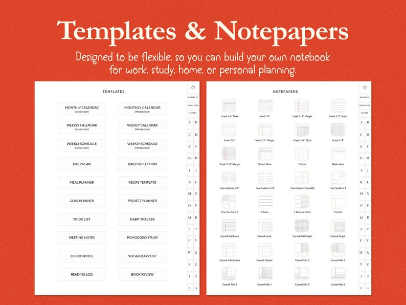 K&ouml;nnte beinhalten: Digitale Planervorlagen mit verschiedenen Layouts f&uuml;r Arbeit, Studium und pers&ouml;nliche Planung. Das Bild zeigt Vorlagen f&uuml;r Monats- und Wochenkalender, Tagespl&auml;ne und Zielplanung. Notizpapieroptionen umfassen linierte, grafische und Cornell-Notizen. Der Text lautet "Templates & Notepapers."