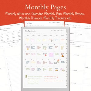 Op de afbeelding: Digitale plannerpagina's met de tekst "Monthly Pages" en "Monthly all-in-one. Calendar, Monthly Plan. Monthly Review. Monthly Finances. Monthly Trackers etc." weergegeven op een rode achtergrond. De plannerpagina's bevatten een kalender, een financieel tracker en andere planningstools.
