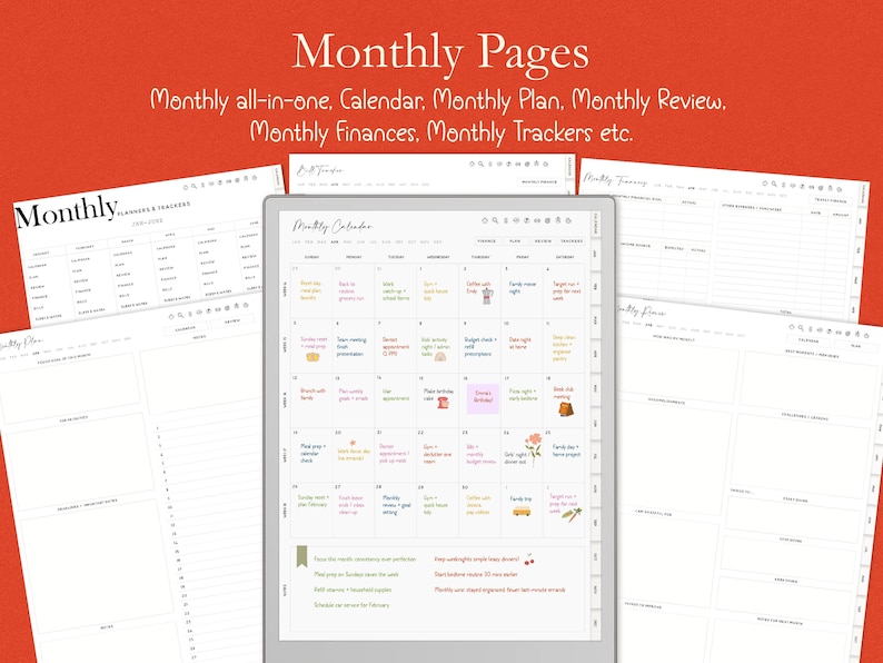 Op de afbeelding: Digitale plannerpagina's met de tekst "Monthly Pages" en "Monthly all-in-one. Calendar, Monthly Plan. Monthly Review. Monthly Finances. Monthly Trackers etc." weergegeven op een rode achtergrond. De plannerpagina's bevatten een kalender, een financieel tracker en andere planningstools.