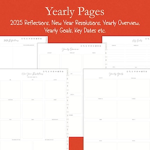 Op de afbeelding: Een verzameling witte plannerpagina's met zwarte tekst, waaronder "Yearly Pages", "2025 Reflections", "New Year Resolutions" en "Yearly Goals". De pagina's zijn gerangschikt op een rode achtergrond.
