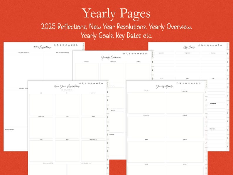 Op de afbeelding: Een verzameling witte plannerpagina's met zwarte tekst, waaronder "Yearly Pages", "2025 Reflections", "New Year Resolutions" en "Yearly Goals". De pagina's zijn gerangschikt op een rode achtergrond.