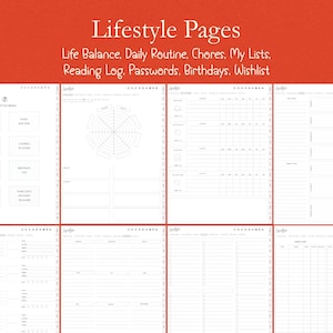 K&ouml;nnte beinhalten: Eine Sammlung wei&szlig;er Planerseiten mit verschiedenen Layouts zur Lebensorganisation. Die Seiten enthalten Abschnitte f&uuml;r Life Balance, t&auml;gliche Routinen, Aufgaben, Listen, Leseprotokolle, Passw&ouml;rter, Geburtstage und Wunschlisten. Der Titel lautet "Lifestyle Pages".