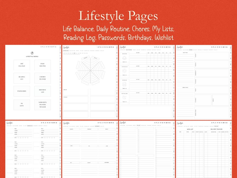 K&ouml;nnte beinhalten: Eine Sammlung wei&szlig;er Planerseiten mit verschiedenen Layouts zur Lebensorganisation. Die Seiten enthalten Abschnitte f&uuml;r Life Balance, t&auml;gliche Routinen, Aufgaben, Listen, Leseprotokolle, Passw&ouml;rter, Geburtstage und Wunschlisten. Der Titel lautet "Lifestyle Pages".