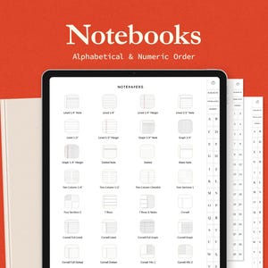 May include: A digital tablet shows notebook templates, such as lined, graph, and Cornell notes, with the title "Notebooks" and the subtitle "Alphabetical & Numeric Order" in white text against a red background. A cream-coloured notebook is on the left.