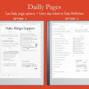 K&ouml;nnte beinhalten: Digitaler Planer mit zwei t&auml;glichen Seitenoptionen, mit dem Text "Dailly Pages" und "Make things happen." Der Planer enth&auml;lt To-Do-Listen, Notizen und Erinnerungen. Der Hintergrund ist ein leuchtendes Orange.
