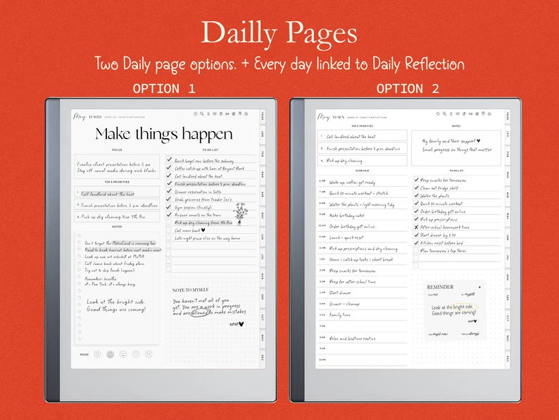 K&ouml;nnte beinhalten: Digitaler Planer mit zwei t&auml;glichen Seitenoptionen, mit dem Text "Dailly Pages" und "Make things happen." Der Planer enth&auml;lt To-Do-Listen, Notizen und Erinnerungen. Der Hintergrund ist ein leuchtendes Orange.