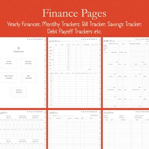 K&ouml;nnte beinhalten: Wei&szlig;e Finanzseiten mit rotem Hintergrund. Die Seiten umfassen Jahresfinanzen, monatliche Tracker, Rechnungs-Tracker, Spar-Tracker und Tilgungs-Tracker. Der Text "Finance Pages" steht oben.