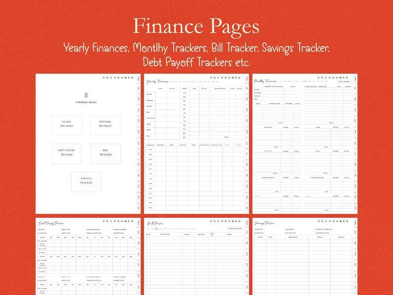 K&ouml;nnte beinhalten: Wei&szlig;e Finanzseiten mit rotem Hintergrund. Die Seiten umfassen Jahresfinanzen, monatliche Tracker, Rechnungs-Tracker, Spar-Tracker und Tilgungs-Tracker. Der Text "Finance Pages" steht oben.