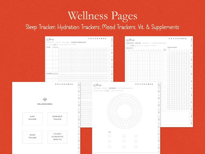 K&ouml;nnte beinhalten: Eine Sammlung wei&szlig;er Wellness-Seiten mit dem Text "Wellness Pages" und "Sleep Tracker, Hydration Trackers, Mood Trackers, Vit. & Supplements." Die Seiten enthalten Schlaf-, Hydrations- und Stimmungstracker sowie ein Wellness-Men&uuml;.