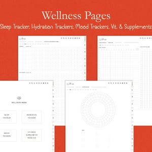 Op de afbeelding: Een verzameling witte wellnesspagina's met de tekst "Wellness Pages" en "Sleep Tracker, Hydration Trackers, Mood Trackers, Vit. & Supplements." De pagina's bevatten slaap-, hydratatie- en stemmingsvolgers, en vitamine- en supplementenlogs.