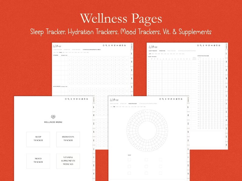 Op de afbeelding: Een verzameling witte wellnesspagina's met de tekst "Wellness Pages" en "Sleep Tracker, Hydration Trackers, Mood Trackers, Vit. & Supplements." De pagina's bevatten slaap-, hydratatie- en stemmingsvolgers, en vitamine- en supplementenlogs.