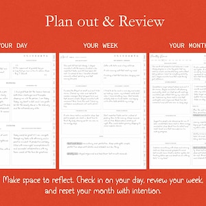 K&ouml;nnte beinhalten: Ein Planer mit Abschnitten f&uuml;r t&auml;gliche, w&ouml;chentliche und monatliche &Uuml;berpr&uuml;fungen. Der Text "Planen & &Uuml;berpr&uuml;fen" steht oben, mit Aufforderungen zur Reflexion und Zielsetzung. Der Hintergrund ist in einem warmen Orangeton gehalten.