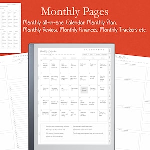 K&ouml;nnte beinhalten: Digitale Planerseiten mit dem Titel "Monthly Pages" und dem Text "Monthly all-in-one. Calendar. Monthly Plan. Monthly Review. Monthly Finances, Monthly Trackers etc." Die Seiten enthalten einen Kalender, To-Do-Listen und Finanz-Tracker.