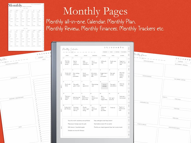 K&ouml;nnte beinhalten: Digitale Planerseiten mit dem Titel "Monthly Pages" und dem Text "Monthly all-in-one. Calendar. Monthly Plan. Monthly Review. Monthly Finances, Monthly Trackers etc." Die Seiten enthalten einen Kalender, To-Do-Listen und Finanz-Tracker.