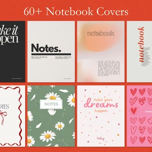 K&ouml;nnte beinhalten: Eine Sammlung von Notizbuch-Covern mit verschiedenen Designs. Die Cover zeigen Texte wie "make it happen", "Notes" und "make your dreams happen". Designs umfassen Blumenmuster, Herzen und abstrakte Hintergr&uuml;nde. Das Bild ist vor rotem Hintergrund.