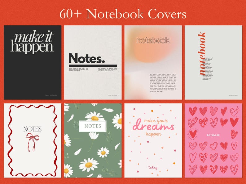 K&ouml;nnte beinhalten: Eine Sammlung von Notizbuch-Covern mit verschiedenen Designs. Die Cover zeigen Texte wie "make it happen", "Notes" und "make your dreams happen". Designs umfassen Blumenmuster, Herzen und abstrakte Hintergr&uuml;nde. Das Bild ist vor rotem Hintergrund.