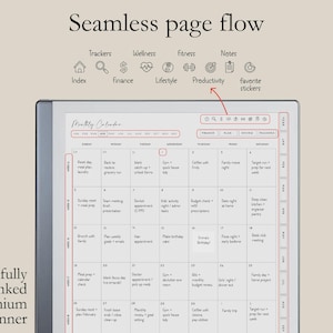 K&ouml;nnte beinhalten: Digitaler Planer mit monatlichem Kalenderlayout, mit einem sauberen, minimalistischen Design. Der Planer enth&auml;lt Abschnitte f&uuml;r Tracker, Finanzen und Notizen, mit dem Text "Seamless page flow" und "fully hyperlinked premium planner".
