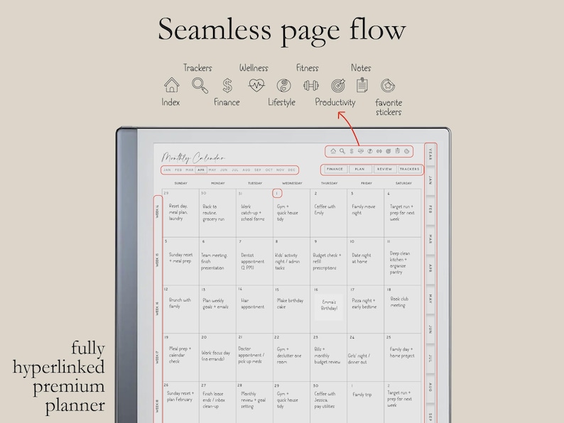 K&ouml;nnte beinhalten: Digitaler Planer mit monatlichem Kalenderlayout, mit einem sauberen, minimalistischen Design. Der Planer enth&auml;lt Abschnitte f&uuml;r Tracker, Finanzen und Notizen, mit dem Text "Seamless page flow" und "fully hyperlinked premium planner".