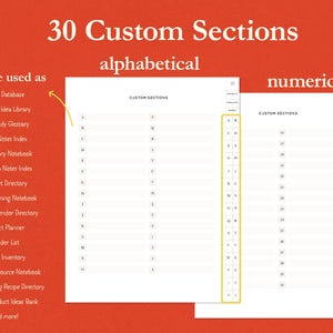 K&ouml;nnte beinhalten: Ein digitaler Planer mit 30 benutzerdefinierten Abschnitten, alphabetisch und numerisch dargestellt. Der Planer enth&auml;lt Abschnitte f&uuml;r Kundendatenbanken, Inhaltsideen, Glossare, Kursnotizen und mehr. Der Hintergrund ist leuchtend orange.