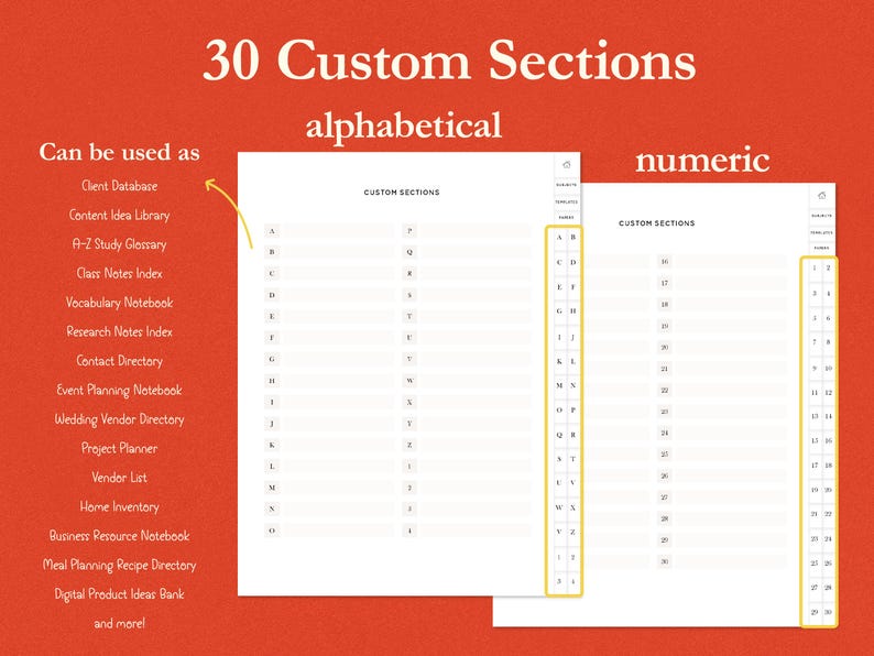 K&ouml;nnte beinhalten: Ein digitaler Planer mit 30 benutzerdefinierten Abschnitten, alphabetisch und numerisch dargestellt. Der Planer enth&auml;lt Abschnitte f&uuml;r Kundendatenbanken, Inhaltsideen, Glossare, Kursnotizen und mehr. Der Hintergrund ist leuchtend orange.