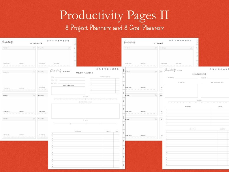 K&ouml;nnte beinhalten: Produktivit&auml;tsseiten II, mit 8 Projektplanern und 8 Zielplanern. Die Seiten sind wei&szlig; mit schwarzem Text und minimalistischem Design. Der Hintergrund ist orange.