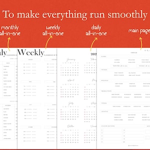 Op de afbeelding: Een digitale planner lay-out met een rode achtergrond. De planner bevat maandelijkse, wekelijkse en dagelijkse alles-in-&eacute;&eacute;n secties, evenals een hoofdpagina en een index. Tekst bevat "To make everything run smoothly."