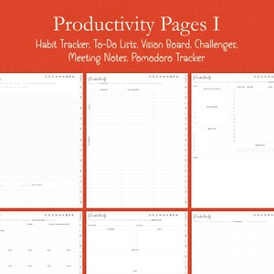 Op de afbeelding: Een verzameling witte plannerpagina's met verschillende lay-outs, waaronder habit trackers, to-do lijsten en notities. De tekst "Productivity Pages I" staat bovenaan, met extra tekst eronder die de paginatypes beschrijft. De achtergrond is oranje.