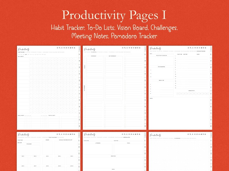Op de afbeelding: Een verzameling witte plannerpagina's met verschillende lay-outs, waaronder habit trackers, to-do lijsten en notities. De tekst "Productivity Pages I" staat bovenaan, met extra tekst eronder die de paginatypes beschrijft. De achtergrond is oranje.