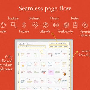 Op de afbeelding: Een digitale planner op een tablet, met een maandelijkse kalenderweergave met pictogrammen voor trackers, wellness, fitness en notities. De tekst bevat "Seamless page flow" en "fully hyperlinked premium planner".